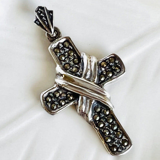Vintage Sterling Silver Marcasite Cross Pendant, New 1.76"