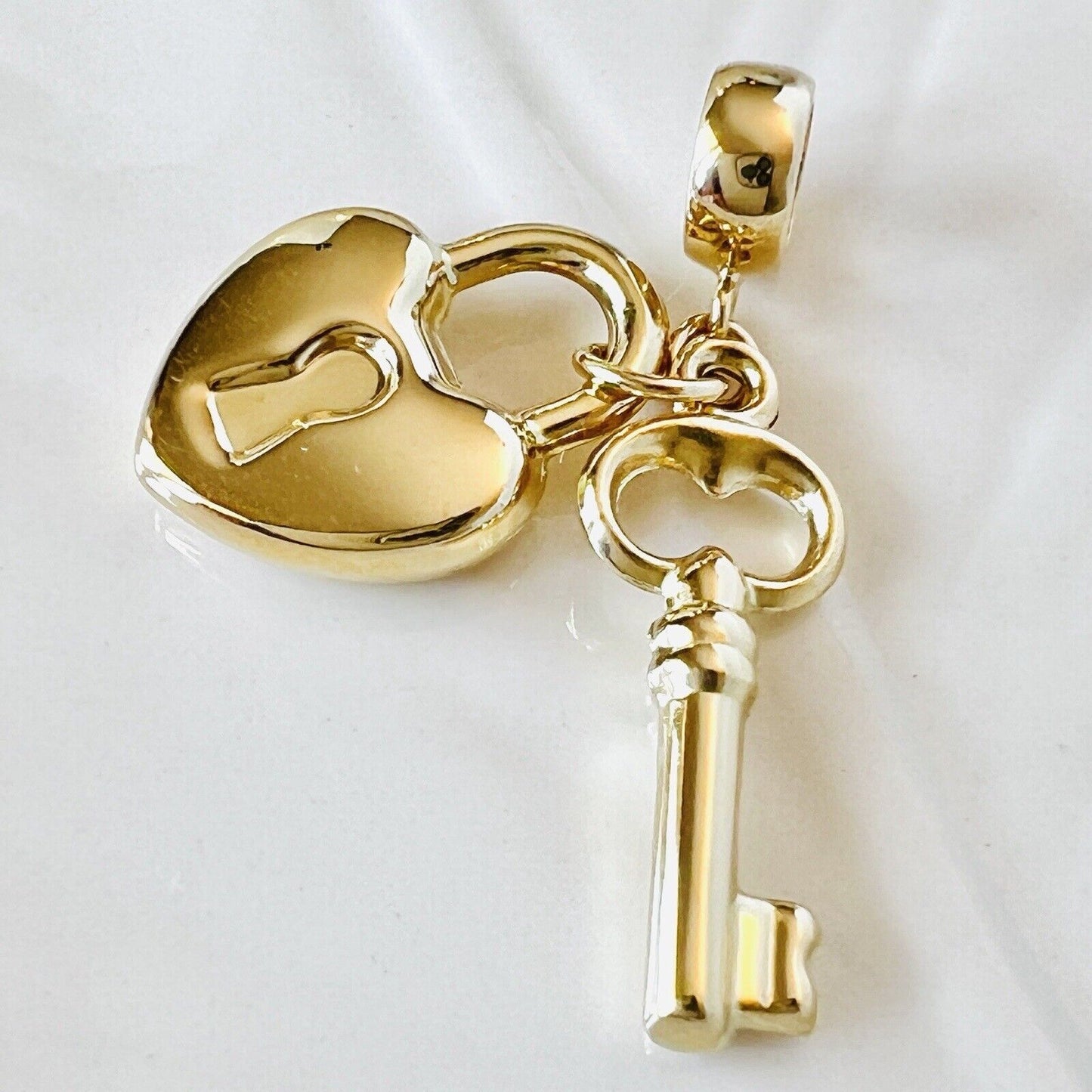 Solid 14k Yellow Gold Heart Lock & Key Charm for European Style Bracelets, New