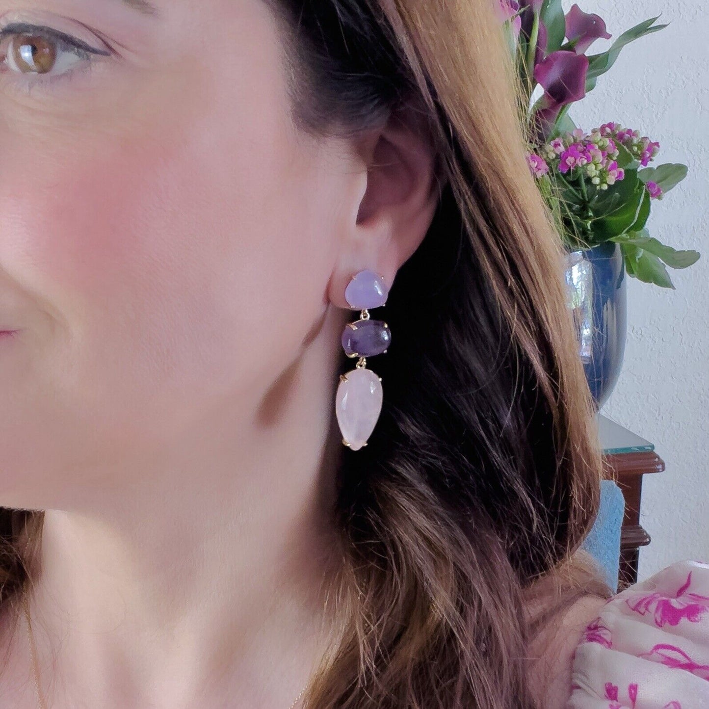Genuine Rose-Quartz Amethyst Chalcedony Sterling Silver Vermeil Dangle Earrings