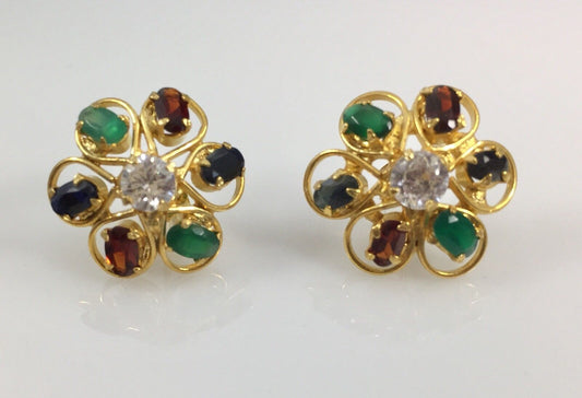 Genuine Multi-Gemstone Rosette Stud Earrings 18kt Yellow Gold Overlay, 3/4" New