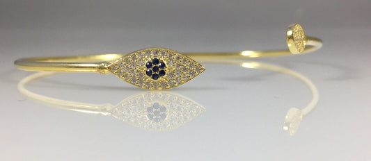 Lucky Eye Bangle Bracelet 18kt Gold Overlay Sterling Silver Pave Cz & Sapphire