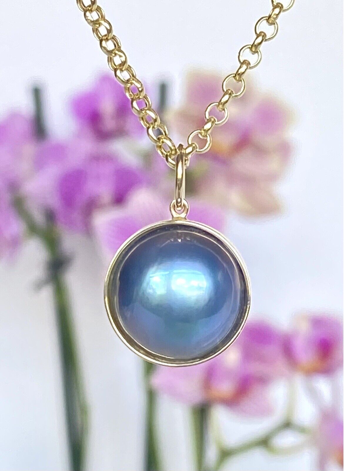 Genuine Peacock Blue Mabe Pearl (13mm) Solid 14K Yellow Gold Pendant, New #1