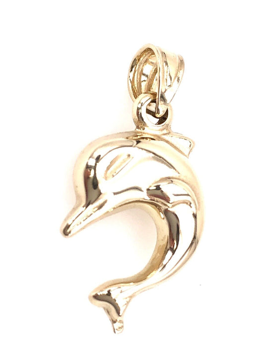 Medium Jumping Dolphin Solid 14K Yellow Gold Puffy 2 Sided Charm/Pendant, New