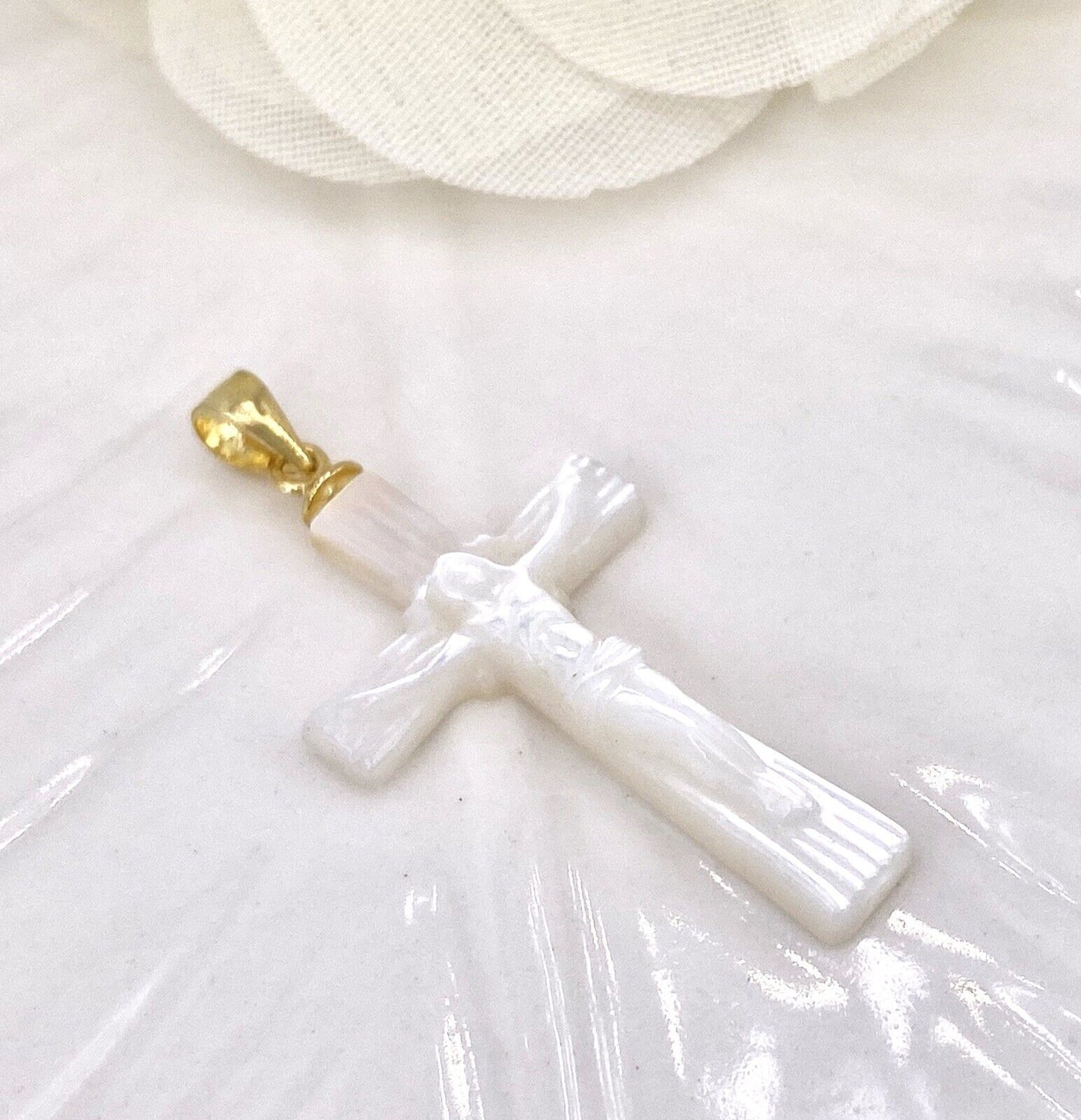 14k Gold Over 925 Sterling Silver & Mother of Pearl Crucifix Pendant, New, 1.3"