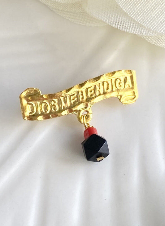 Dios Me Bendiga Curved Pin, Solid Gold & Genuine Azabache, Brand New