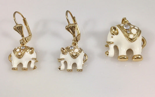Lucky Elephant Earring and Pendant Set 18kt Heavy Gold Electroplated, New