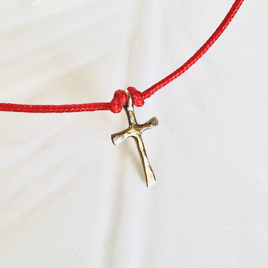 Solid 14k Yellow Gold Mini Cross Adjustable Bracelet/Anklet, Red, New