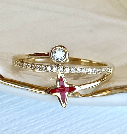 Solid 14k Yellow Gold Red Enamel & Cubic Zirconia Ring New, Size 7