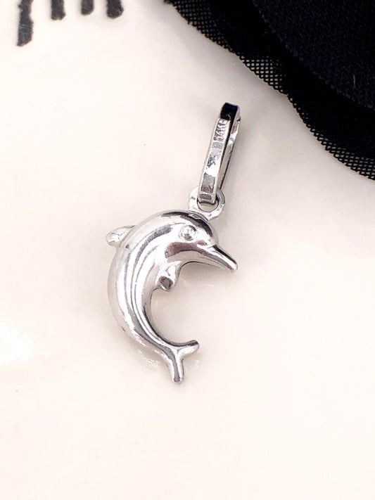 Jumping Dolphin Solid 14K White Gold Puffy 2 Sided Charm/Pendant, New