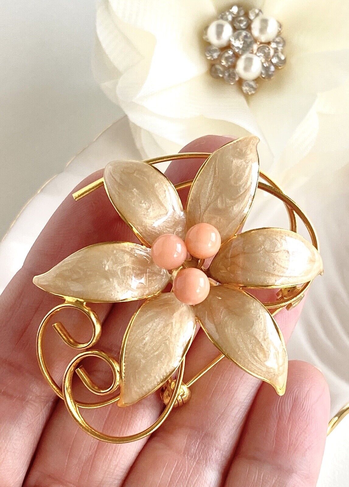 Heavy Gold Plated & Enameled Natural Coral Brooch/Pin, New Vintage Stock 6 Petal