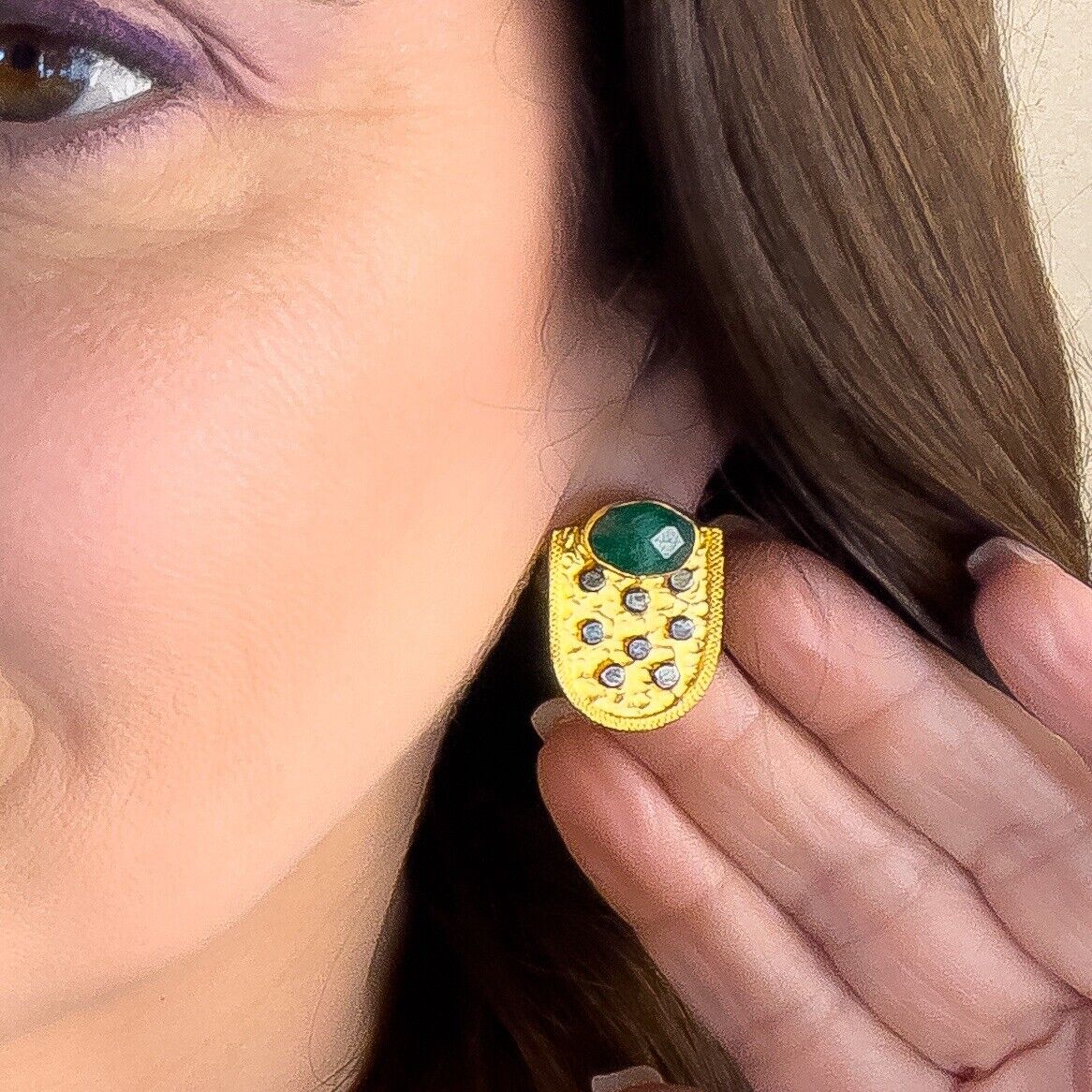 Genuine Emerald 22k Gold Over Sterling Silver Dangle Earrings, New