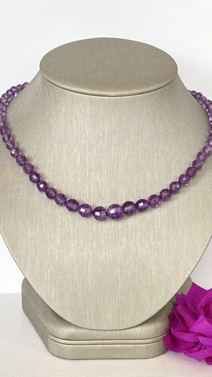14K Yellow Gold & Vintage Cape Amethyst Hand Carved Bead Necklace, New, 18"