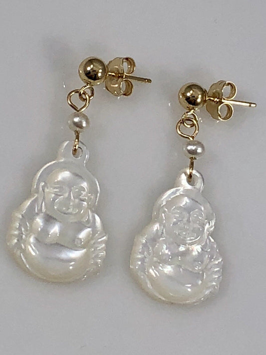 14kt Yellow Gold Mother of Pearl Buddha & Genuine Pearl Earrings, New