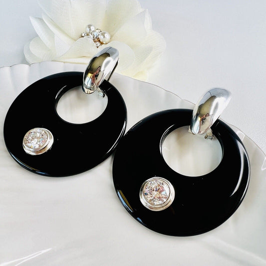 Vintage Sterling Silver Onyx & Cubic Zirconia Round Hoop Omega Dangle Earrings