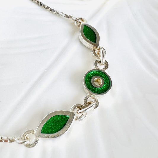 Vintage Sterling Silver Green Enamel Geometric Charm Necklace, New 16"