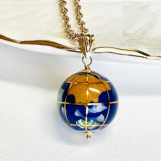 World Globe Gemstone Inlay Solid 14k Yellow Gold Pendant, New, 1.06"