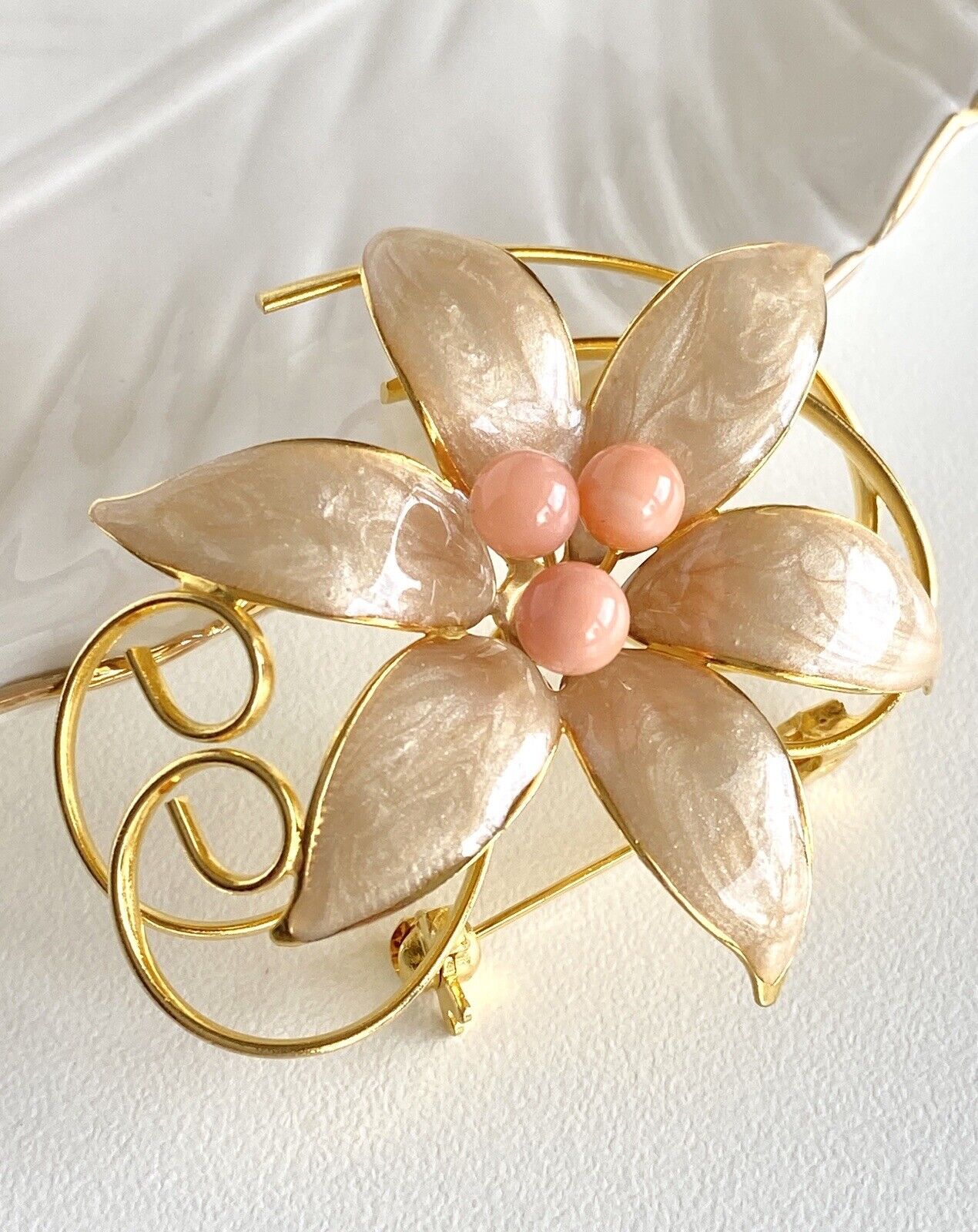 Heavy Gold Plated & Enameled Natural Coral Brooch/Pin, New Vintage Stock 6 Petal