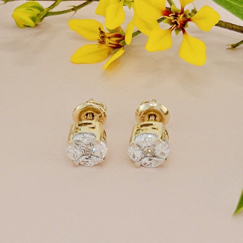 Solid 14k Yellow Gold Genuine Round & Marquis Diamond Screw-Back Stud Earrings
