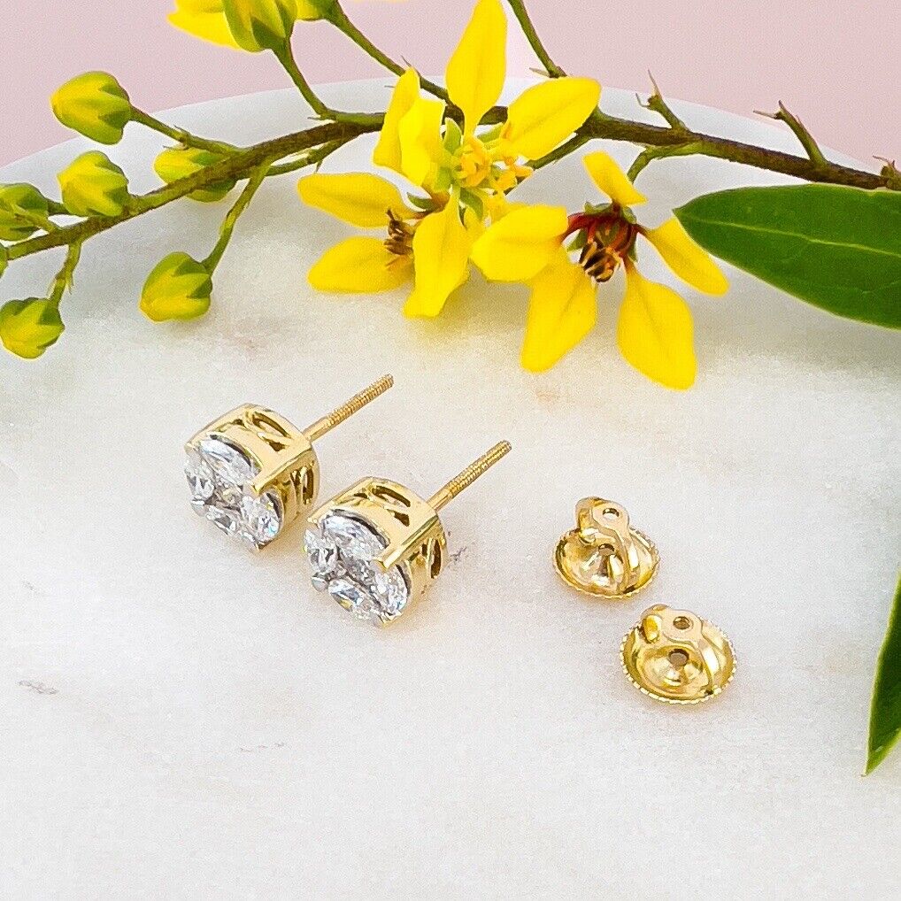 Solid 14k Yellow Gold Genuine Round & Marquis Diamond Screw-Back Stud Earrings