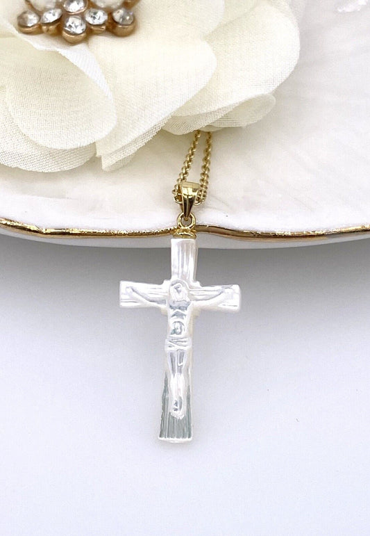 14k Gold Over 925 Sterling Silver & Mother of Pearl Crucifix Pendant, New, 1.3"