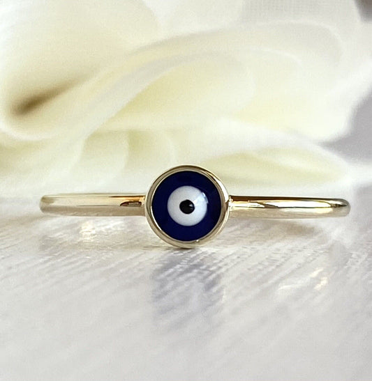 Solid 14k Yellow Gold Lucky Blue Eye Ring, New, Size 6.75