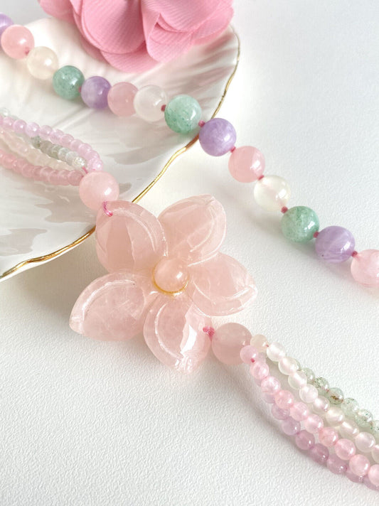 Multi-Color Quartz Gemstone & Flower Pendant Beaded Necklace, New, 32"