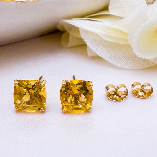 Solid 10k Yellow Gold Genuine Citrine 6mm Stud Earrings, New