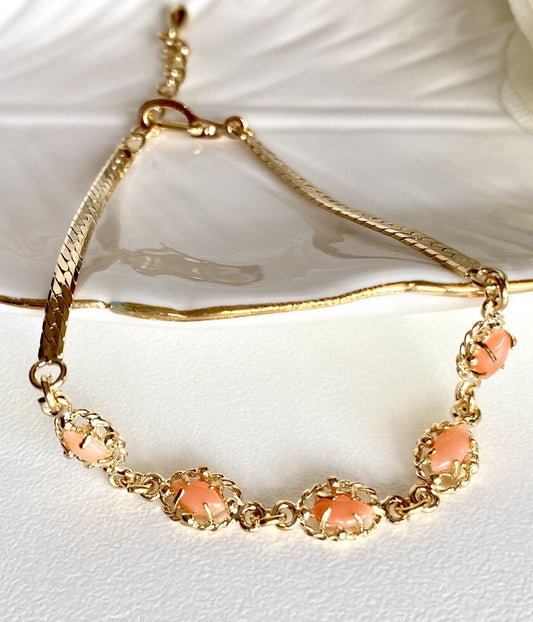 Heavy Gold Electroplated Natural Pink Coral Cabochon Bracelet, New, 6.5-7.5" SM