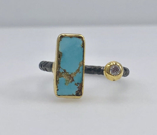 Designer Persian Turquoise & CZ Antiqued Sterling Silver & 22K Gold Ring #2
