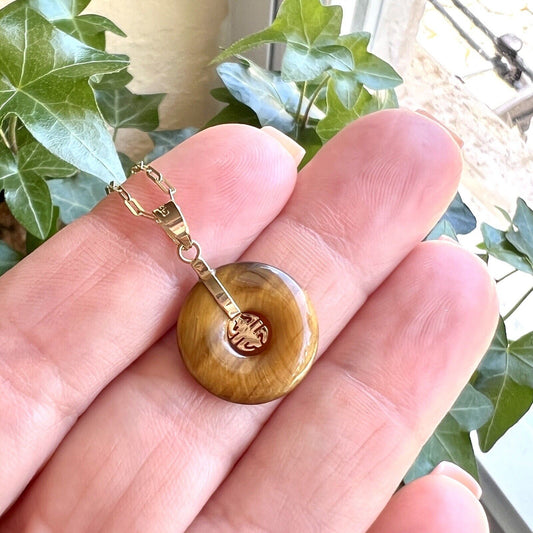 Lucky Solid 14k Yellow Gold Tiger Eye "Long Life" Pendant, New, Medium, Size 1"