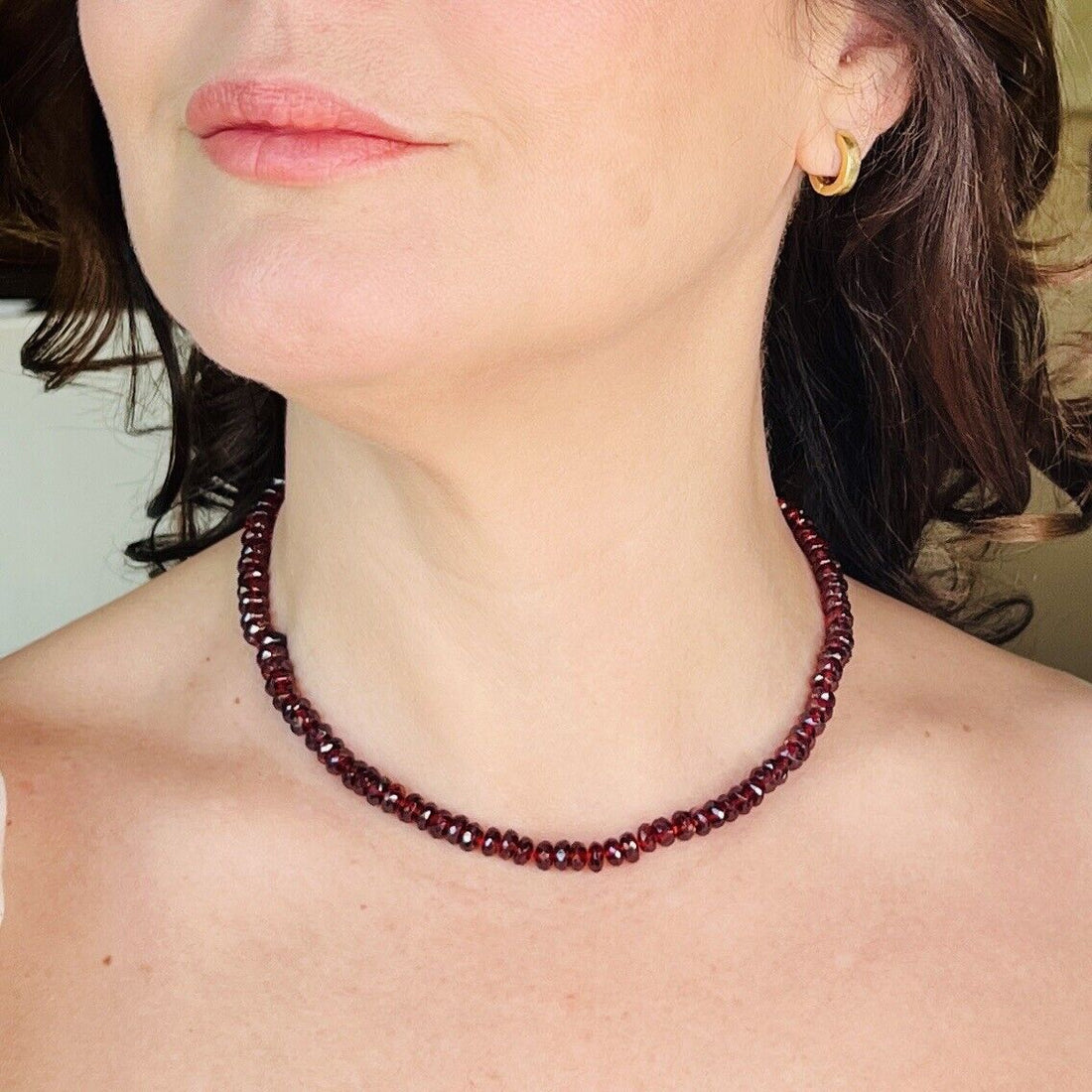 Genuine Almandine Garnet (155ct) Solid 14k Yellow Gold Beaded Necklace, New 16"