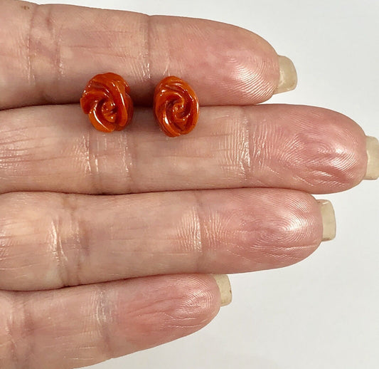 Untreated/Undyed Mediterranean Red Carved Coral Rose 14kt Gold Stud Earrings