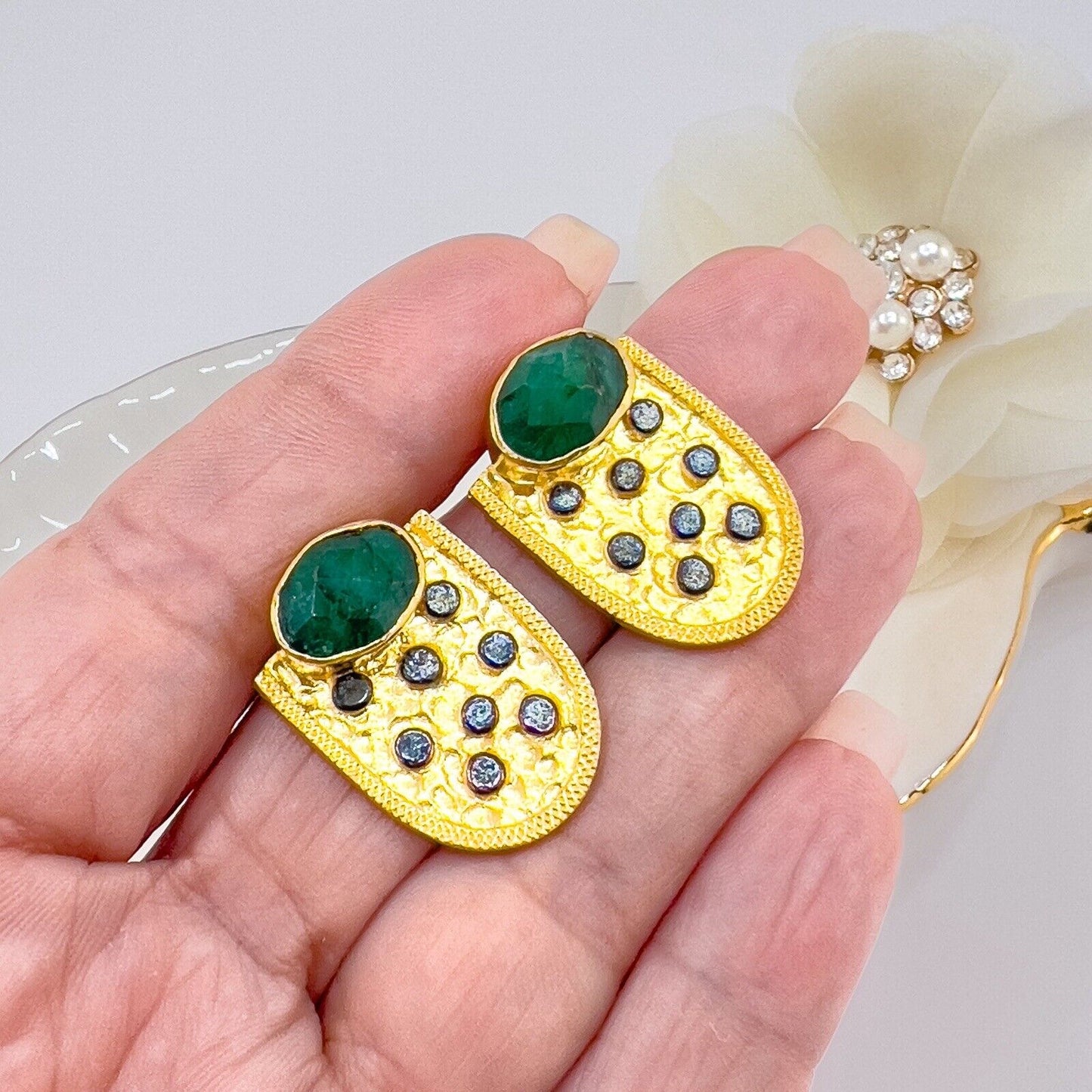 Genuine Emerald 22k Gold Over Sterling Silver Dangle Earrings, New
