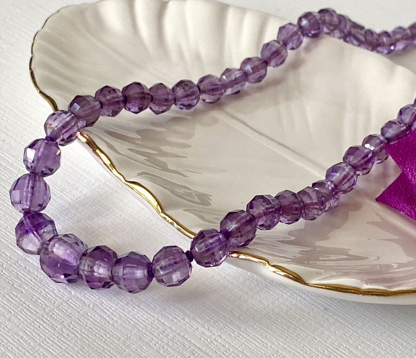 14K Yellow Gold & Vintage Cape Amethyst Hand Carved Bead Necklace, New, 18"