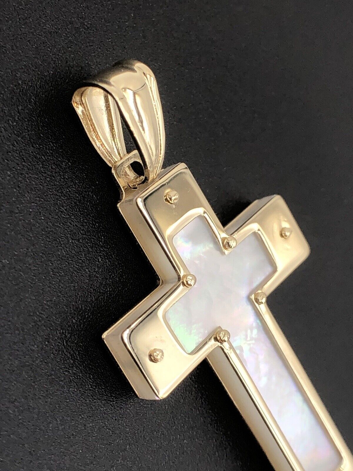 Solid 14K Yellow Gold Mother of Pearl Cross Pendant, 2-Sided, New