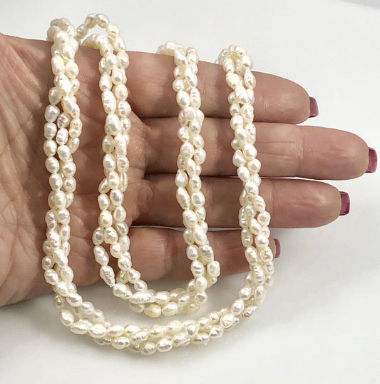 Vintage Genuine Rice Pearl 3-Row Rope Endless Necklace, 28", New