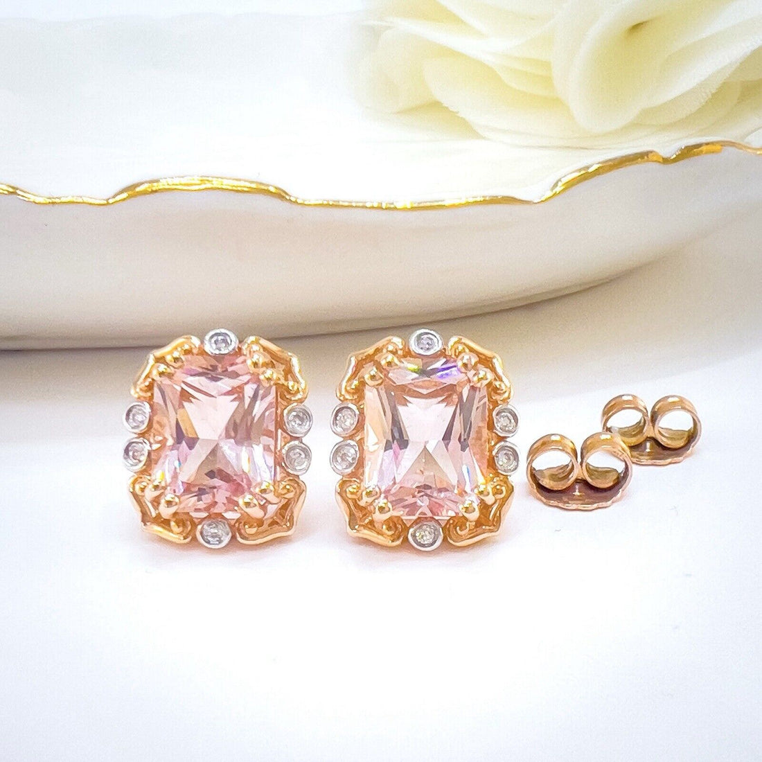 Vintage Style 14k Rose Gold Genuine Morganite & Diamond Stud Earrings, New