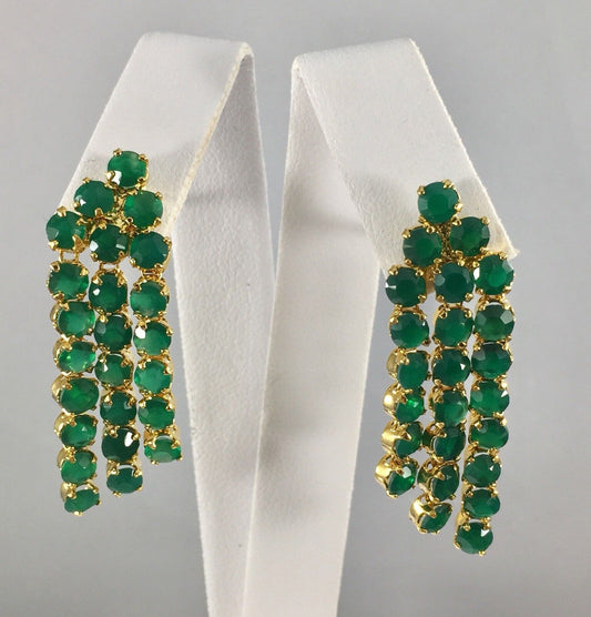 Genuine Green Chalcedony  Cascade Dangle Earrings 18kt Gold Overlay, 1.5" New