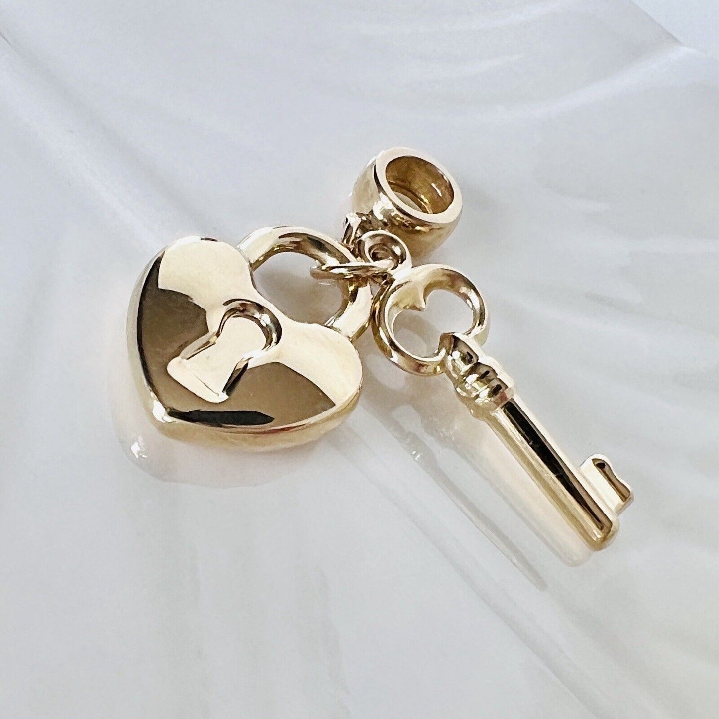 Solid 14k Yellow Gold Heart Lock & Key Charm for European Style Bracelets, New