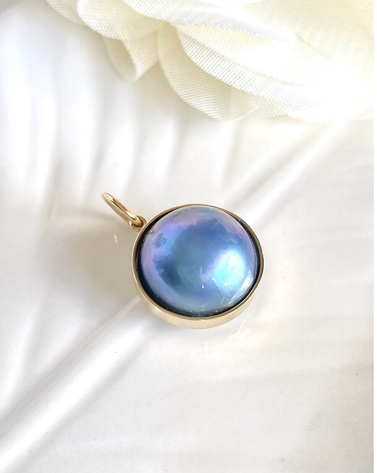 Genuine Peacock Blue Mabe Pearl (13mm) Solid 14K Yellow Gold Pendant, New #1