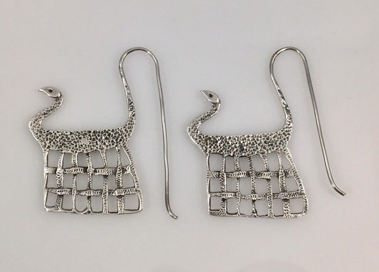 Unusual Egyptian Style Sterling Silver Bird Basket Dangle Earrings, New