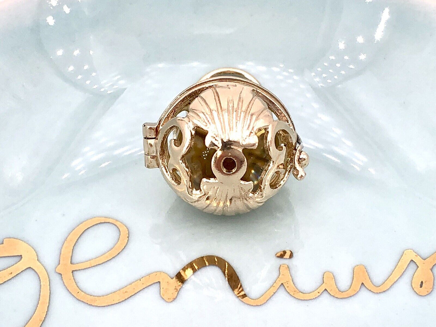 14k Yellow Gold Ball Cage Pendant With Shell Scroll-work & Citrine, New, 1.04"