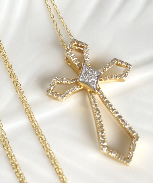 Genuine Diamonds & Solid 14K Yellow Gold Cross Pendant Necklace, New, 18"