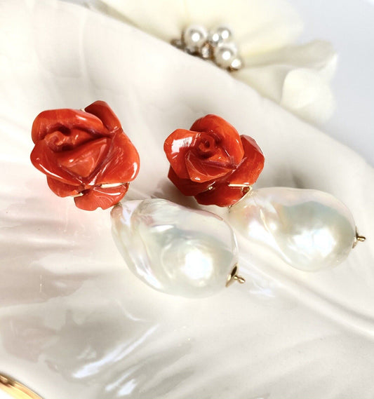 Natural Mediterranean Red Coral Rose & Baroque Cultured Pearl Dangle Earrings