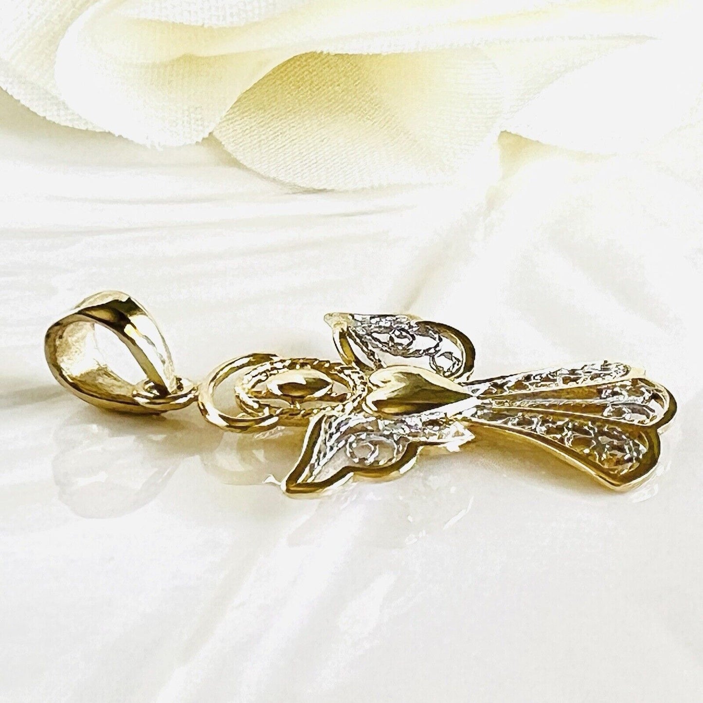 Solid 14k Yellow & White Gold Filigree Guardian Angel Pendant, New
