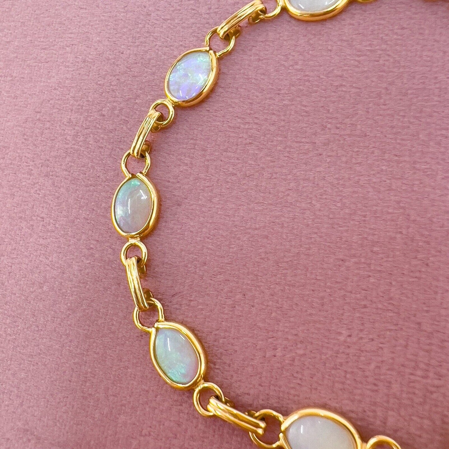 Solid 14k Yellow Gold Opal Station Link Bracelet, New 7.25"