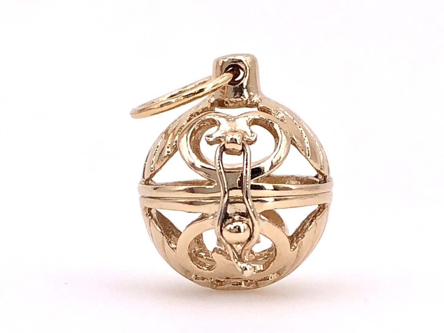 14k Yellow Gold Ball Cage Pendant With Shell Scroll-work & Citrine, New, 1.04"