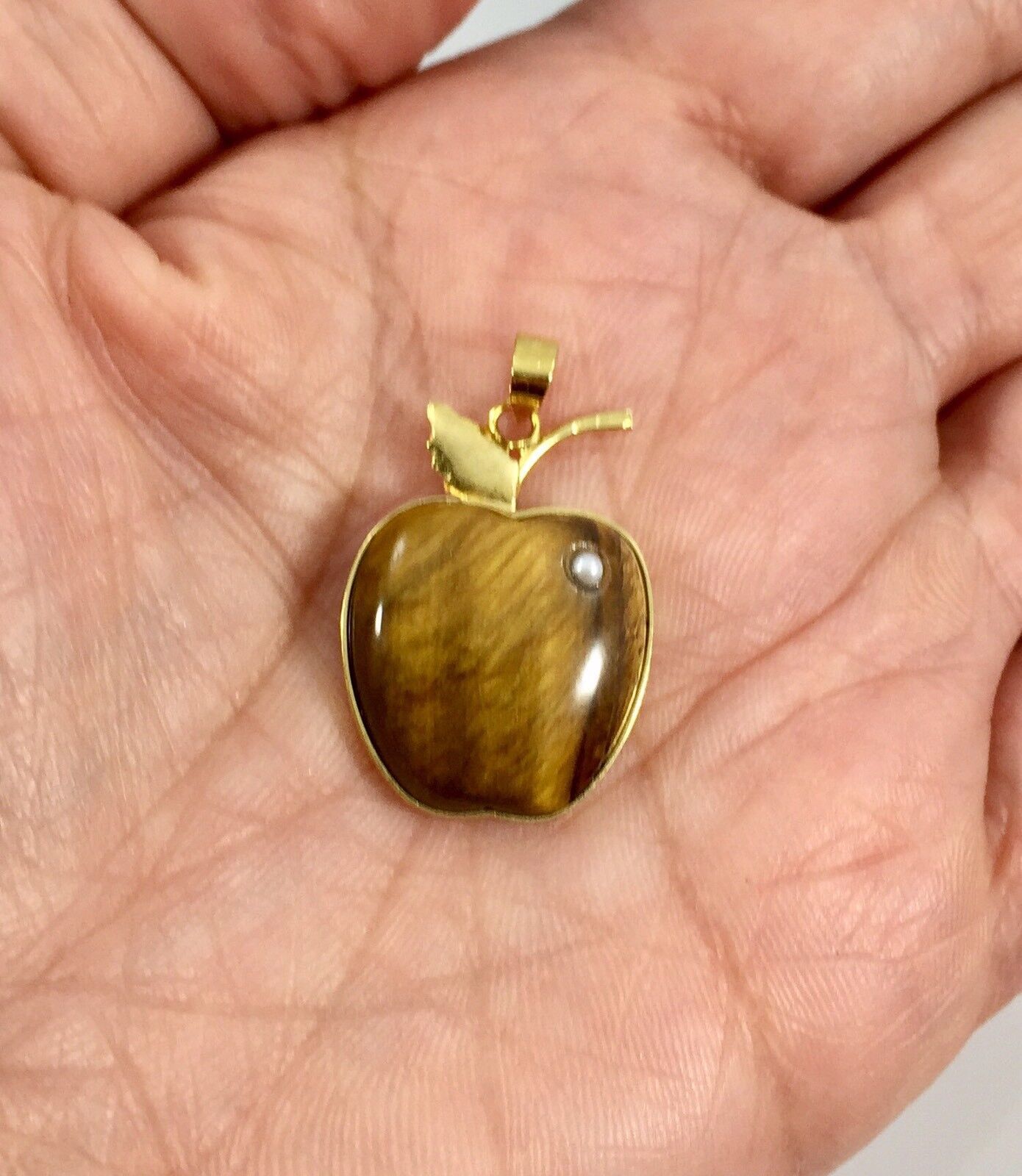 Adorable Genuine Gemstone Apple & Pearl 14kt Gold Overlay Sterling Pendant, New