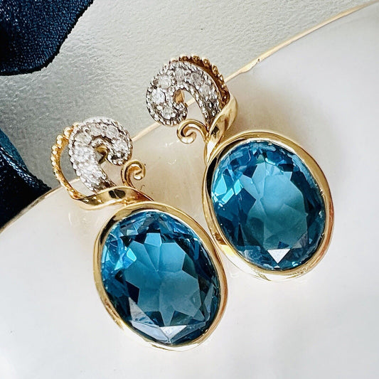 Solid 14K Yellow Gold Genuine London Blue Topaz Diamond Dangle/Drop Earrings New