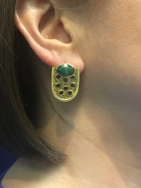 Genuine Emerald Shield 22kt Gold Over Sterling Silver Dangle Earrings